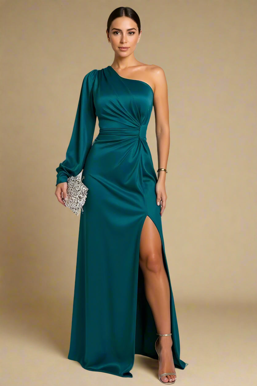 Elira Kjole | Satin gallakjole med én lang ærme